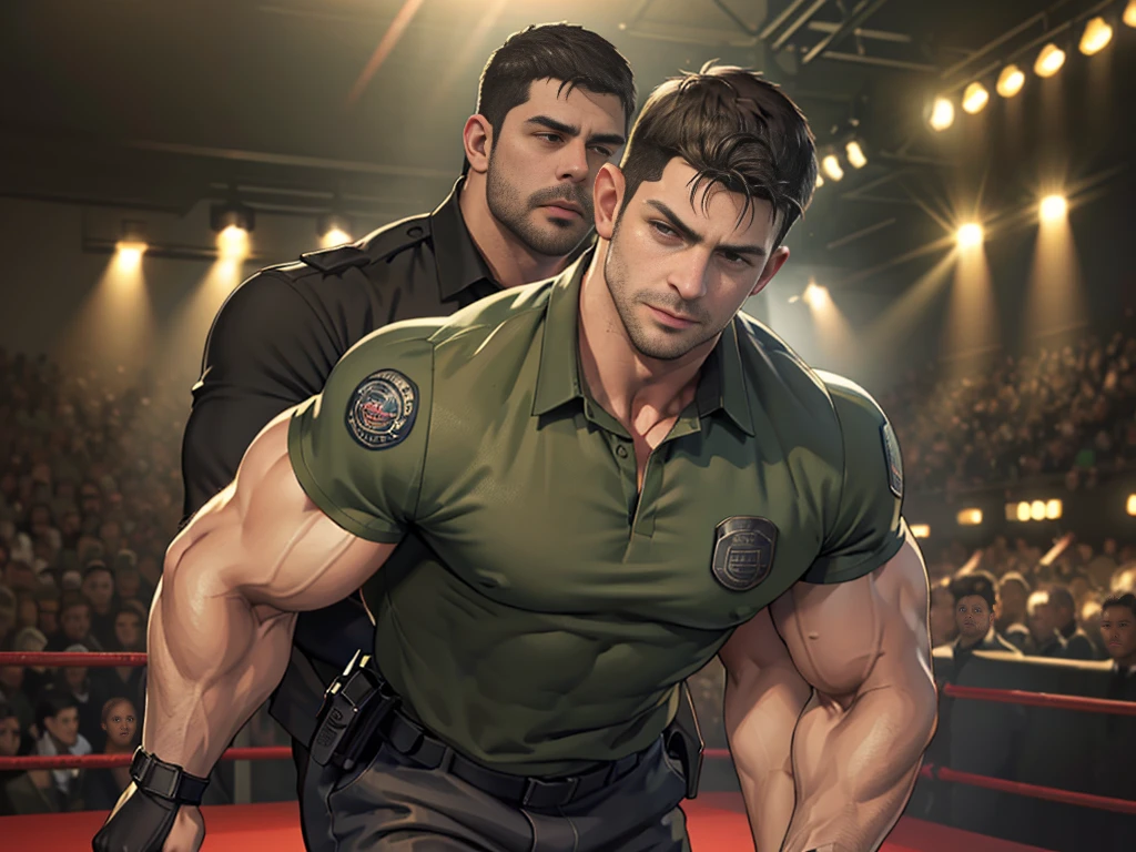 (Create a masterpiece: 1.2),(CGI art:1.3),(realistic:1.5),(After processing:1.3),(Sharp focus:1.3),1 man ,sunglass, straight, front ,Chris Redfield ,(black hair), smile open mouth, (Wear color olive green shirt with a Police badge: 1.2), olive green cargo, Korean guy , korean men, (High gloss details), chest muscles, large arm muscles, blood vessel, Big muscles, Broad shoulders, looking at the audience, Balancing the eyes, middle of the road,(Run and fight:1.6)