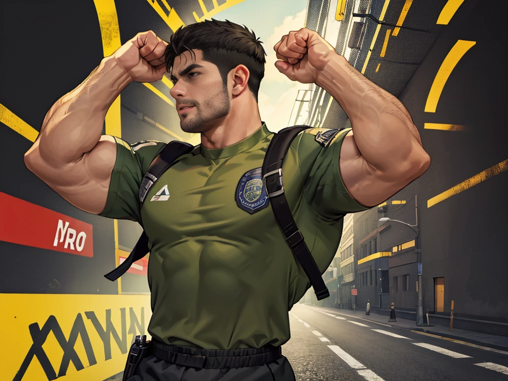 (Create a masterpiece: 1.2),(CGI art:1.3),(realistic:1.5),(After processing:1.3),(Sharp focus:1.3),1 man ,sunglass, straight, front ,Chris Redfield ,(black hair), smile open mouth, (Wear color olive green round neck T-shirt with a Police badge: 1.2), olive green cargo, Korean guy , korean men, (High gloss details), chest muscles, large arm muscles, blood vessel, Big muscles, Broad shoulders, looking at the audience, Balancing the eyes, middle of the road , (Carrying a black backpack: 1.3),(Run and fight:1.6)