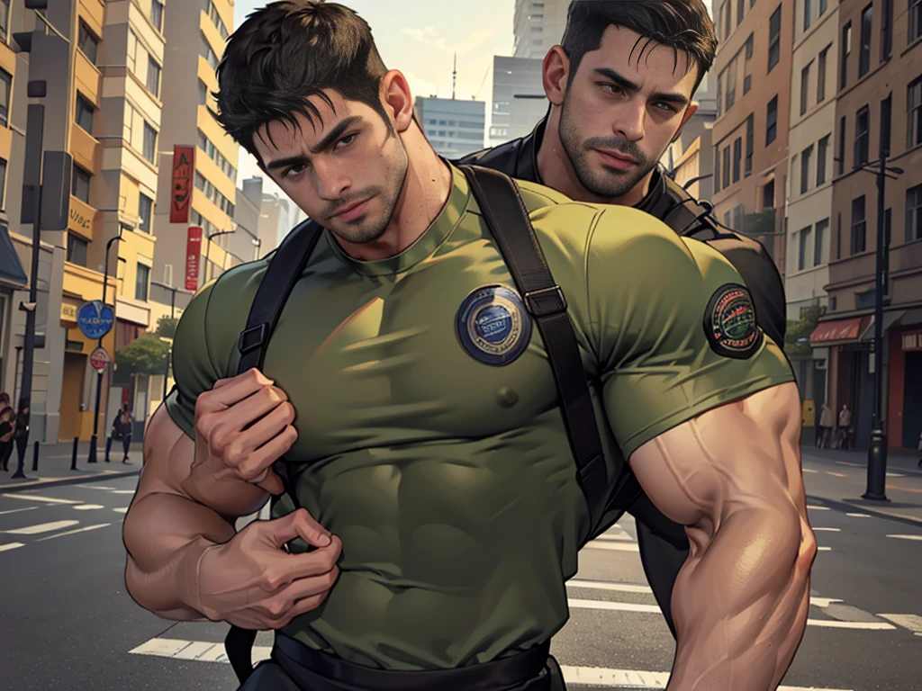 (Create a masterpiece: 1.2),(CGI art:1.3),(realistic:1.5),(After processing:1.3),(Sharp focus:1.3),1 man ,sunglass, straight, front ,Chris Redfield ,(black hair), smile open mouth, (Wear color olive green round neck T-shirt with a Police badge: 1.2), olive green cargo, Korean guy , korean men, (High gloss details), chest muscles, large arm muscles, blood vessel, Big muscles, Broad shoulders, looking at the audience, Balancing the eyes, middle of the road , (Carrying a black backpack: 1.3),(Run and fight:1.6)