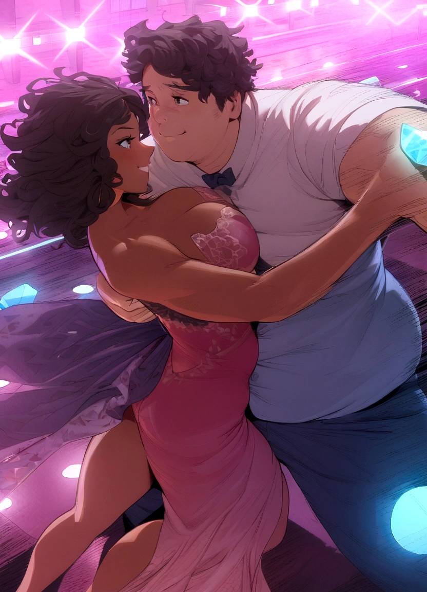 Hdr, masterpiece,4K, ray tracing, best quality, 1boy, 1girl, steven quartz universe, connie maheswaran,  face to face,enamored couple, passionate sensuality, nightclub background, erotic dancing, couple focused,  couple dancing together, highly-detailed animation, beautiful aesthetic, detailed smooth textures, motion lines,  incredible absurdres,  sharp gradients, deep highlights,  unreal engine,  incredibly detailed,  dynamic lighting, carnality,
dynamic perspective,  dynamism, brilliant shading, sensual  shadowing,  sensuous atmosphere,  intricate fabric details, amazing skin, perfect hands, perfect, perfect eyes,  steven quartz universe, age 23, fat man, handsome, wavy black hair, strongman waist, deep brown eyes, round face,  urban masculine rave outfit, connie maheswaran,  age 22, salacious rave girl, blue fire decal urban  rave minidress,  perfect square physique,  beautiful detailed black eyes, flowing, shining, wavy black hair, toned,  wide hips, firm chest, hypnotic hips, salaciously smiling, looking over shoulder