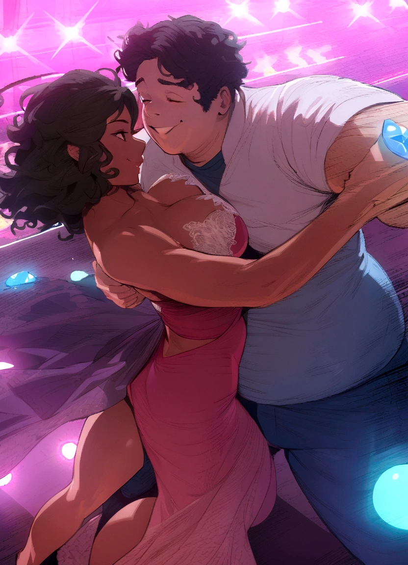 Hdr, masterpiece,4K, ray tracing, best quality, 1boy, 1girl, steven quartz universe, connie maheswaran, face to face,enamored couple, passionate sensuality, nightclub background, erotic dancing, couple focused, couple dancing together, highly-detailed animation, beautiful aesthetic, detailed smooth textures, motion lines, incredible absurdres, sharp gradients, deep highlights, unreal engine, incredibly detailed, dynamic lighting, carnality,
dynamic perspective, dynamism, brilliant shading, sensual shadowing, sensuous atmosphere, intricate fabric details, amazing skin, perfect hands, perfect, perfect eyes, steven quartz universe, age 23, fat man, handsome, wavy black hair, strongman waist, deep brown eyes, round face, urban masculine rave outfit, connie maheswaran, age 22, salacious rave girl, blue fire decal urban rave minidress, perfect square physique, beautiful detailed black eyes, flowing, shining, wavy black hair, toned, wide hips, firm chest, hypnotic hips, salaciously smiling, looking over shoulder