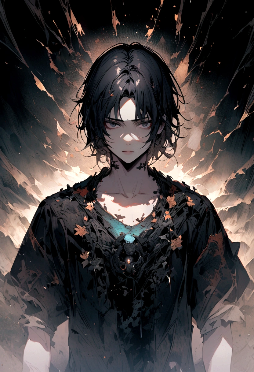 Center-parted bangs、Wolf cut boy、Black Hair、Dark Eyes、Illness、Fall into Darkness