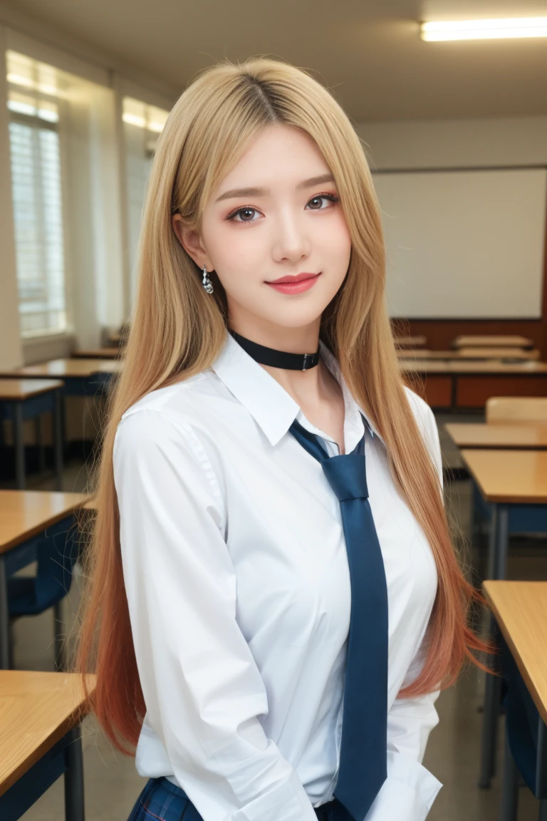 best quality,tmasterpiece,Ultra-high resolution,Clear face,（Reality：1.4）, ferpect lighting，(upper body photo:1.5), (photorealistic:1.30), anime wallpaper, Guviz style artwork, close -cover fantasy to magic, by Yang J, Guviz, beautiful artwork illustration, beautiful digital artwork, beautiful digital illustration, Li Song, beautiful anime portrait, art style at Beauvot, kitagawa marin, 1girl, blonde hair, long hair, multicolored hair, red eyes, jewelry, earrings, piercing, , white shirt, tied shirt, black choker, blue necktie, plaid skirt, indoors, inside, classroom, open smile, pose, desks, Glowing skin,