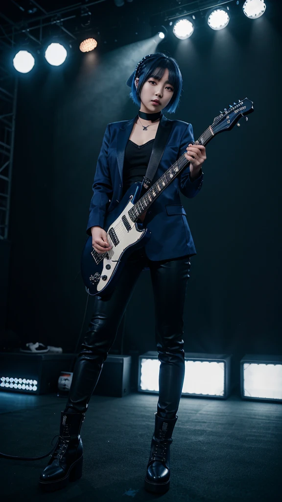 A Beautiful cute korean girl, Blue bob hair style, Playing blue electric guitar, Wearing long black blazer, Black pants, Black boots shoes, Extremely high defenition image, Dark blue vibe music stage background