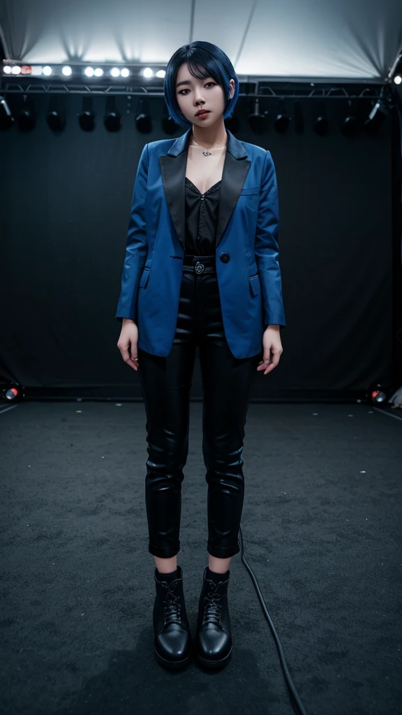 A Beautiful cute korean girl, Blue bob hair style, Playing blue electric guitar, Wearing long black blazer, Black pants, Black boots shoes, Extremely high defenition image, Dark blue vibe music stage background