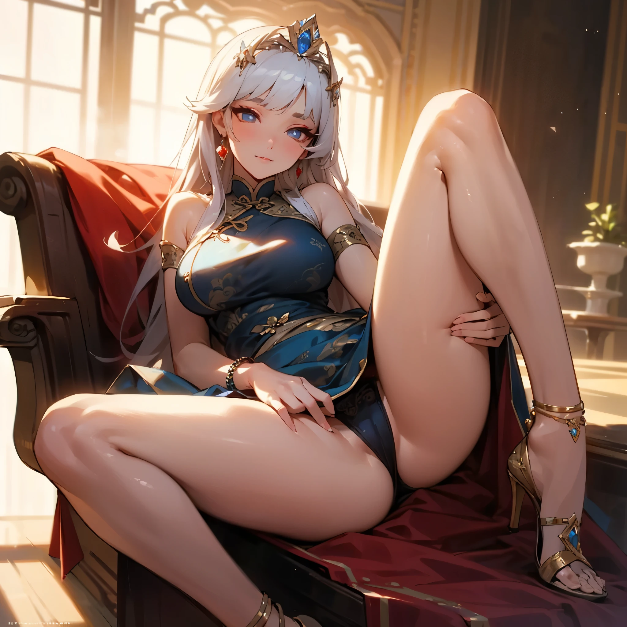 ((8K, masterpiece, best quality, ultra detailed, photoreal)), HDR, lens flare, particles, chinese gorgeous royal style, A princess on a throne in a palace, (composition close to her), (perfect anatomy), spread legs, lift up skirt, show off panty, tight short cheongsam, (kawaii face), ((detailed smooth legs skin, detailed eyes)), detailed hair, large breasts, many large presence accessaries, stiletto heel, tiara, hair ornaments, earrings, bracelets, anklets, trinkets, smoky makeup, eyeshadow, heavy makeup,