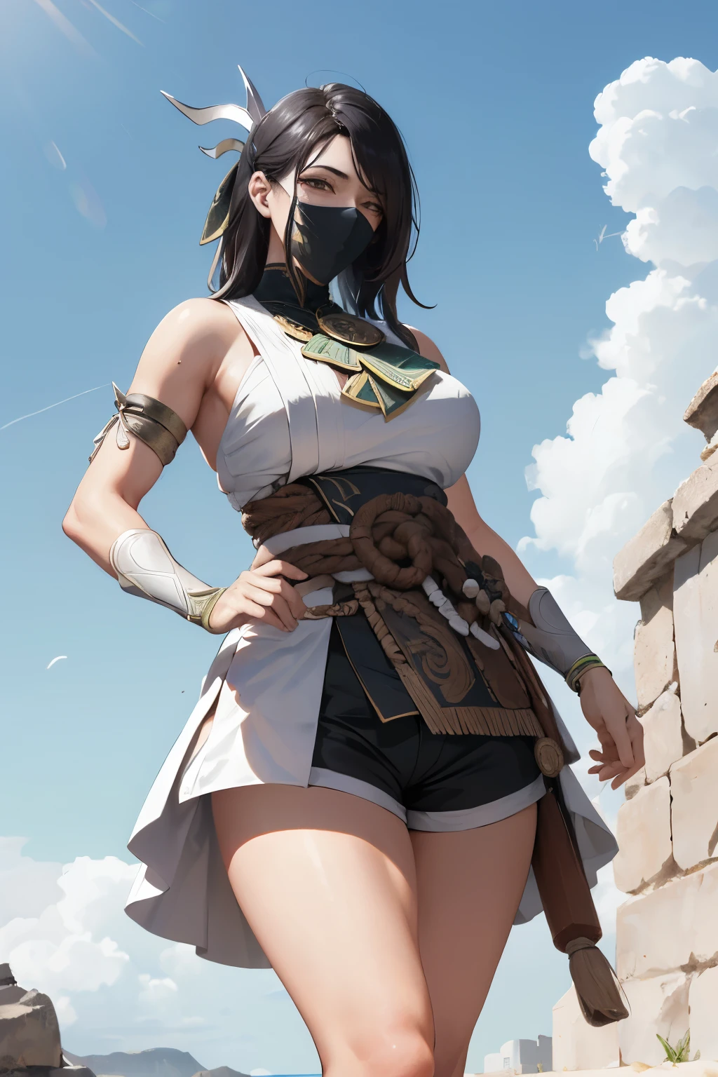 (mejor calidad,4k,8K,A high resolution,obra maestra:1.2),fondo de humo, akali, 1 giant breasted girl, largo_la manga,capucha blanca,shorts blancos,,Tatuado con , Permanent, lleno_cuerpo, arma,hoz,dagas,,botas blancas, Leucorrhoea,white mask,Actividades al aire libre,edificios