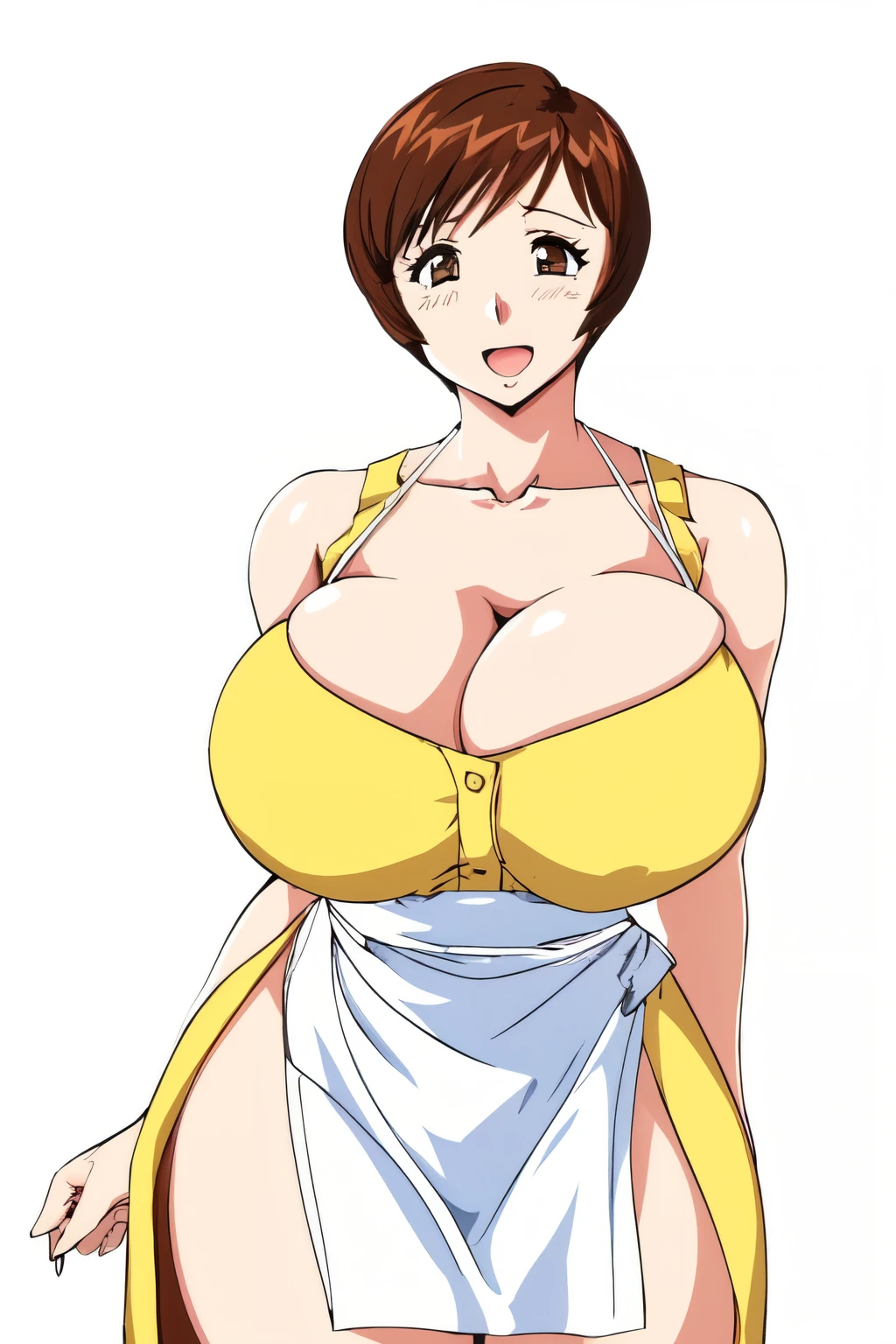 masterpiece, highest quality, High resolution, One girl, alone, sexual intercourse, Pornographic images, short hair, etsukoto, Brown eyes, fine grain, fine grain, (((Thick thighs, Plump thighs, Voluptuous thighs, Thighs alone are enough))), Huge and ample breasts, Cleavage, Huge long breasts, Naughty big,((Big breasts are important))、((Naughty thighs)), L Cup, (thin:1.4),(Tight waist:1.4), (Yellow Dress:1.4), ((white waist apron)), White panties, smile, open mouth, (((Simple Background))), ((Wide Hips)), Shiny, Oily skin, Mature mother, Calf, Seductive mature woman, Perfect body, Plus Size Model, etsukoto, blush, clavicle, retro artstyle, 1990s (style), breasts grab, showing breast,