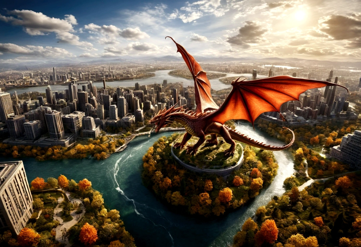 arafed, a picture of a dragon flying above a modern city, ((picture taken  from above the dragon: 1.5), modern city is laid underneath, there is river beneath the dragon, its shadow is cast on the water dragon wings spread wide, dynamic color dragon, you see the back of the dragon, its majestic wings, its tail and the city and river it is flying above, , panoramic view (Masterpiece, intense details: 1.5) , Wide-Angle, Ultra-Wide Angle, dynamic light, Cinematic Hollywood Film style