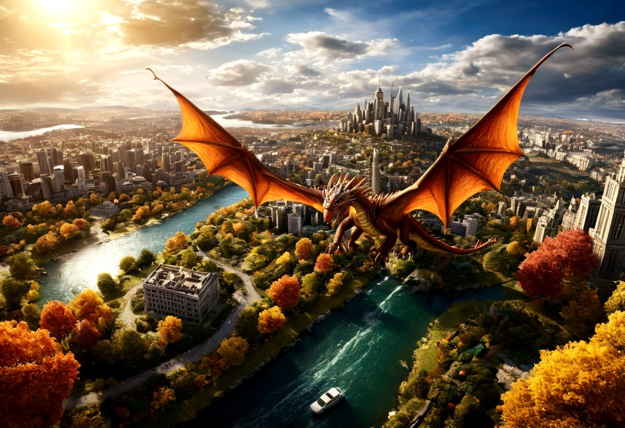 arafed, a picture of a dragon flying above a modern city, ((picture taken from above the dragon: 1.5), modern city is laid underneath, there is river beneath the dragon, its shadow is cast on the water dragon wings spread wide, dynamic color dragon, you see the back of the dragon, its majestic wings, its tail and the city and river it is flying above, , panoramic view (Masterpiece, intense details: 1.5) , Wide-Angle, Ultra-Wide Angle, dynamic light, Cinematic Hollywood Film style