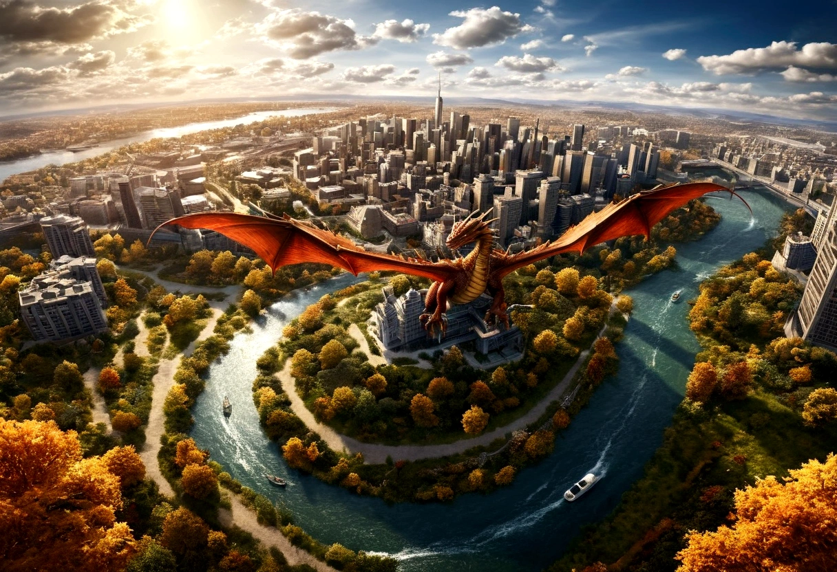 arafed, a picture of a dragon flying above a modern city, ((picture taken  from above the dragon: 1.5), modern city is laid underneath, there is river beneath the dragon, its shadow is cast on the water dragon wings spread wide, dynamic color dragon, you see the back of the dragon, its majestic wings, its tail and the city and river it is flying above, , panoramic view (Masterpiece, intense details: 1.5) , Wide-Angle, Ultra-Wide Angle, dynamic light, Cinematic Hollywood Film style