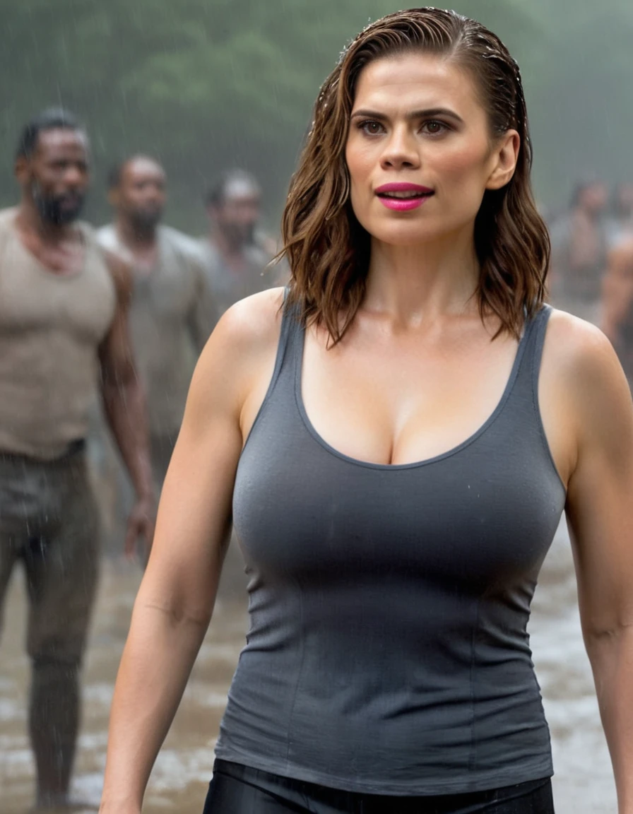  high quality  Erotic shot of Hayley Atwell  as Lauren Cohan , seductive smile, wet, strong action woman, huge , mature 40 yo lady , movie  still , extremely long straight hair ,  The Walking Dead Series , she is wearing a transparent  sweaty tank top , standing , tanned skin , tight breast, cool  rainy area background , abs on belly, strong fit arms,  , celebrity, female,  woman, hollywood actress, random angle, erotic angles, random move, random action ,huge chest, deep cleavage ,seductive, tired woman, slight smile , fit muscular woman  ,  depth of field, insanely detailed skin texture, hyper detailed features 