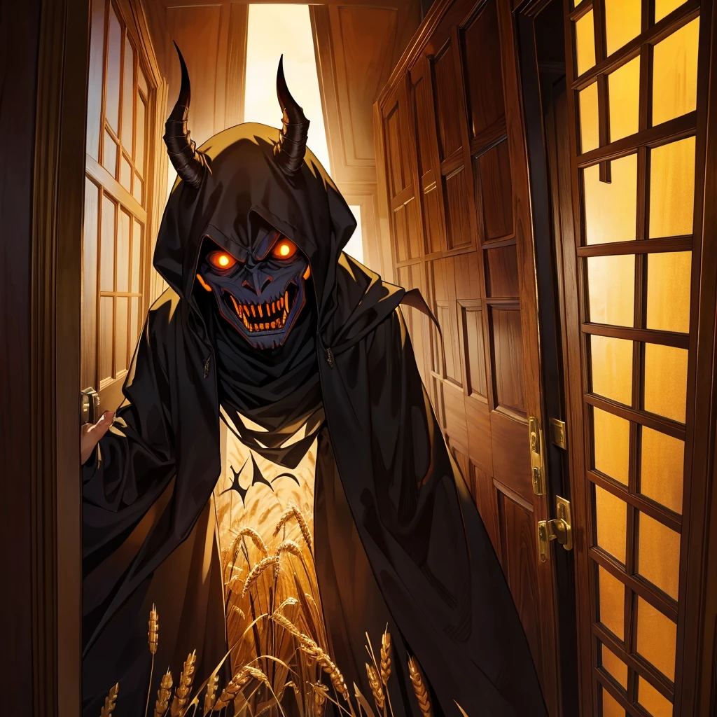 tall and light demon scary face, terrifying, in the front door, at wheat field