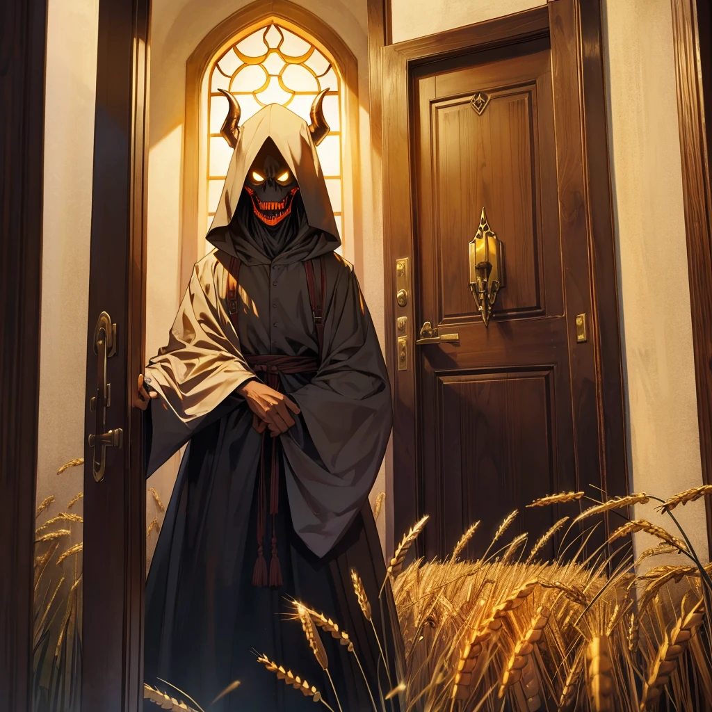 tall and light demon scary face, terrifying, in the front door, at wheat field 