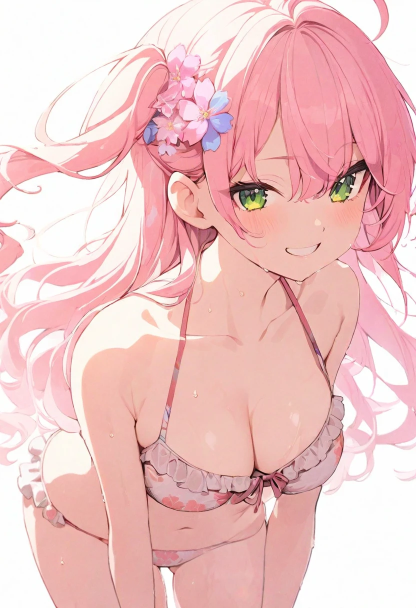 (masterpiece), (best quality), perfect face, beautiful girl, white background background, delicate and beautiful face and eyes, dark intense shadow,
1 girl, vtuber style, cool girl, hololive, sakura miko, long hair, ahoge, one side up, hair flower, pink bikini, floral print, frilled bikini, bikini, wet body, big chest, cropped shoulders, clavicle, winking, smile, bare feet, chest visible through clothes, ass visible through thighs, (full body), back view, standing,