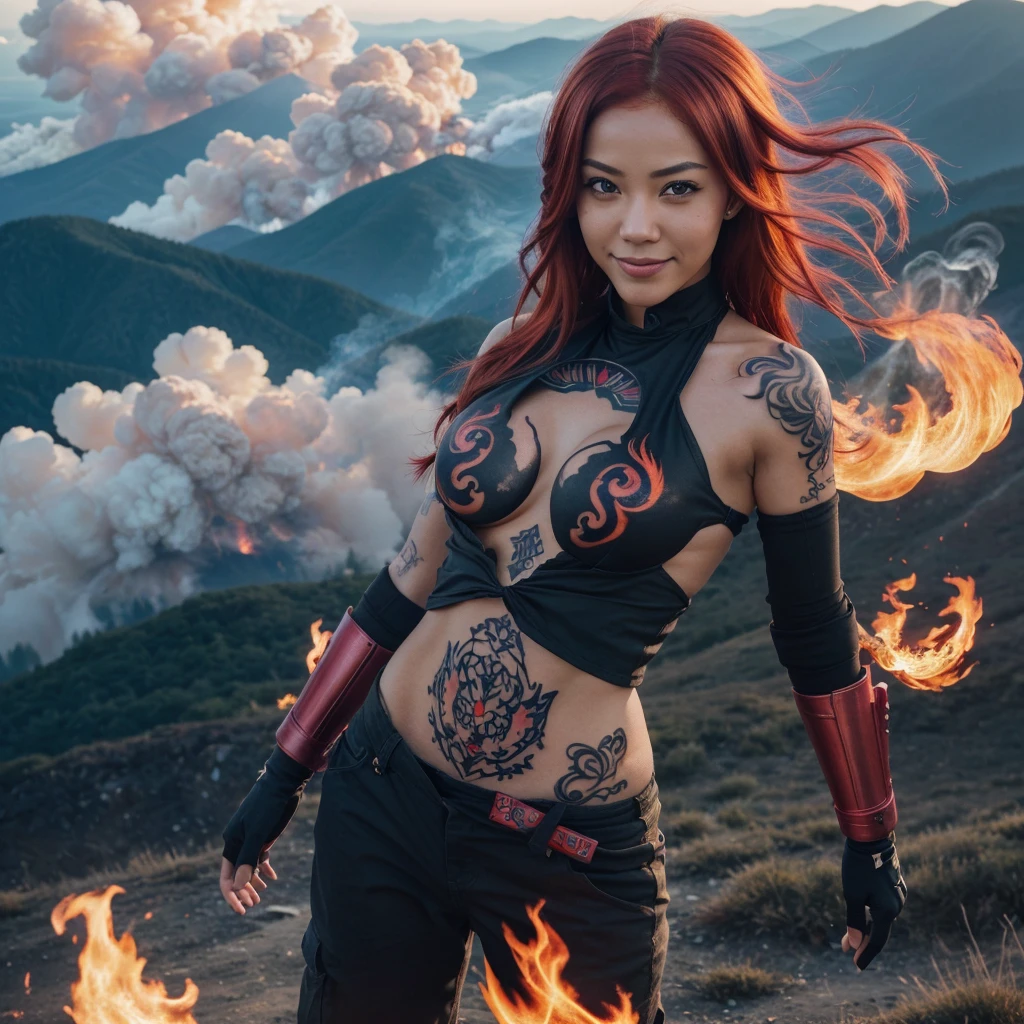 1girl, 18~25 years old, medium breasted, Kazue, ((flametattoo)), ((kamin_tattoo)), ((glowing_eyes)), ((beautiful_smile)), ((flying_hair)), ((red_hair)), ((pyro_fusion gauntlets)), ((smoke_cloud)), ((explosive_blast)), ((Fire_emmited)), (outdoor_settings), (day), ((beautiful_landscape)), (Kazue_flying), (1/2 pose)