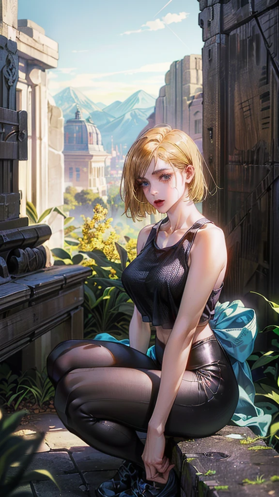 (((gorgeous girl, sitting in a squat position, the girl has curvy body, wide hips narrow waist big breast, background of a super detailed street with trees and aesthetic path to a mountain, wearing super tight transparent black leggings and a black tight tank top))) ((ultra high quality, masterpiece, cozy vibe, modern background, ultra high resolution, ultra detailed, ultra detailed clothes, ultra detailed character, ultra detailed face, ultra detailed eyes, ultra detailed mouth, ultra detailed hairs, ultra detailed background, best quality, highest quality, ultra vibrant, ultra sharp, ultra crispy, ultra clear, ultra sharp focus, intricate details, ultra detailed depth, ultra detailed darker parts and lighter parts, ultra detailed objects, ultra detailed background objects, ultra detailed colors, ultra detailed lines, ultra detailed textures, ultra detailed physics, ultra detailed expressive image, amazing scenery, amazing view, golden ratio, breathtaking beauty, eye catching, ultra detailed amazing scenery, cozy scenery, correct anatomy, perfect anatomy, detailed molecules. detailed atoms, high quality shadow, high quality contrast, high quality vibrancy, background that complements the image’s aesthetics))