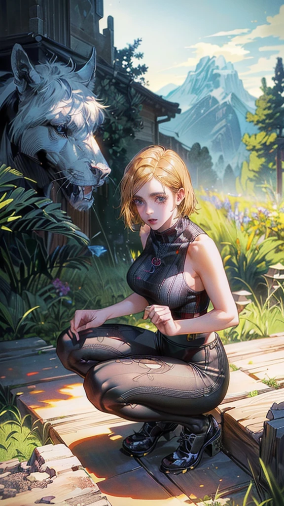 (((gorgeous girl, sitting in a squat position, the girl has curvy body, wide hips narrow waist big breast, background of a super detailed street with trees and aesthetic path to a mountain, wearing super tight transparent black leggings and a black tight tank top))) ((ultra high quality, masterpiece, cozy vibe, modern background, ultra high resolution, ultra detailed, ultra detailed clothes, ultra detailed character, ultra detailed face, ultra detailed eyes, ultra detailed mouth, ultra detailed hairs, ultra detailed background, best quality, highest quality, ultra vibrant, ultra sharp, ultra crispy, ultra clear, ultra sharp focus, intricate details, ultra detailed depth, ultra detailed darker parts and lighter parts, ultra detailed objects, ultra detailed background objects, ultra detailed colors, ultra detailed lines, ultra detailed textures, ultra detailed physics, ultra detailed expressive image, amazing scenery, amazing view, golden ratio, breathtaking beauty, eye catching, ultra detailed amazing scenery, cozy scenery, correct anatomy, perfect anatomy, detailed molecules. detailed atoms, high quality shadow, high quality contrast, high quality vibrancy, background that complements the image’s aesthetics))