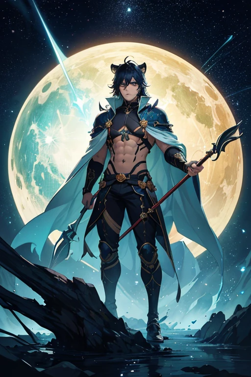 niji mode, a secret agent bear man warrior, full body, human face, with bright delicate tribal punk tattoos and bear ears, using a long spear, a modern and stylish fine suit, vibrant and bright cosmos, hairy young man, with ethereal demeanor and devilish, his features bathed in the lunar glow.  His skin, orange and bluish green, reflecting like a mirror, the starry night.  Within its captivating gaze, galaxies swirl, vibrant hues of cosmic dust and celestial wonders painting a mesmerizing tapestry in shades of green.  a wild touch to his captivating gaze.  His presence evokes a feeling of pride, a realm where darkness and beauty intertwine.  As his presence draws attention, The enigmatic allure of this figure captivates the imagination, inviting contemplation of the hidden depths that lie beneath his captivating gaze, Studio ghibli, metal hurlant, traces of ancient anime.  Wide scene, with several layers of depth, dynamic, cinematic.