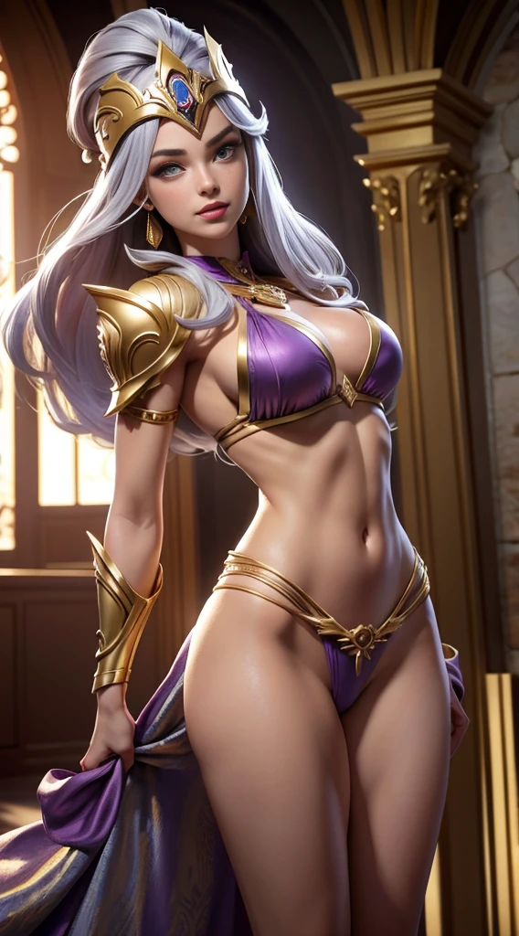 A woman in a purple bikini and a gold helmet posing lindo, gray hair, (obra-prima: 1.2), (melhor qualidade: 1.2), , perfect lighting, neste, corpo suado, seios grandes, mulher, 8k, perfect hands,((obra-prima)), (melhor qualidade) textura, ivy, throne room in the background, 8K image quality, Masterpiece