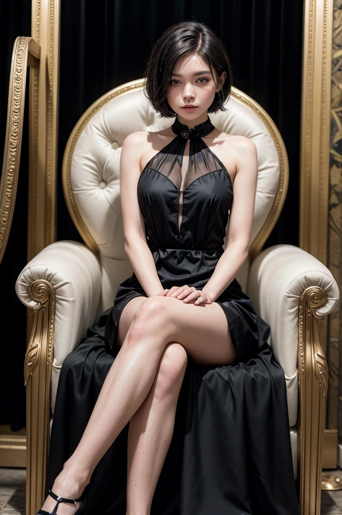 young, elegant girl in a black dress and short hair sitting on a throne with her legs crossed