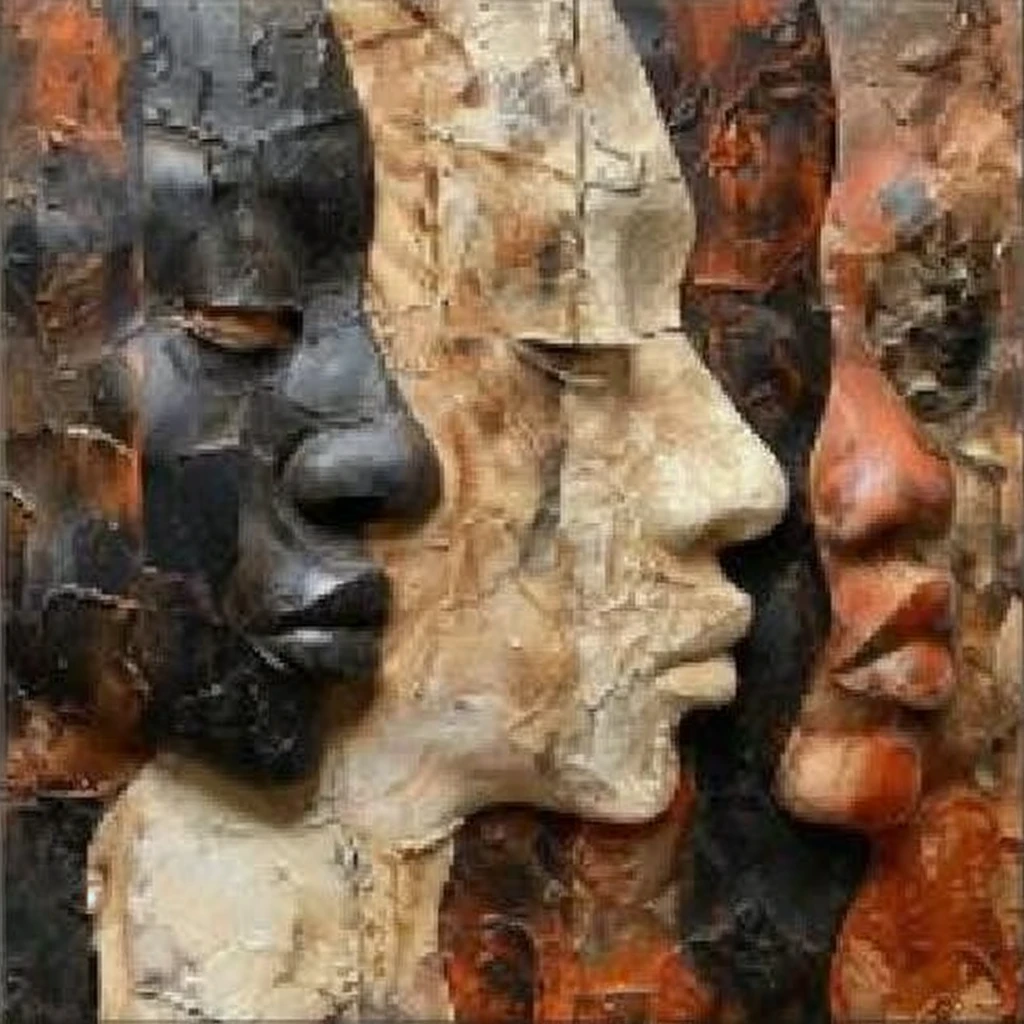 Close-up of an oil painting of two faces on the wall, african arts, Complex faces, Delicate and beautiful face, Complex beautiful faces, Black Art, multiple faces, Amazing Art, Afrocentric Mysticism, beautiful Delicate face, Art Nouveau, Pop Art Art, Close-up of face, Delicate face, author：Chinwe Chukwuogo-Roy