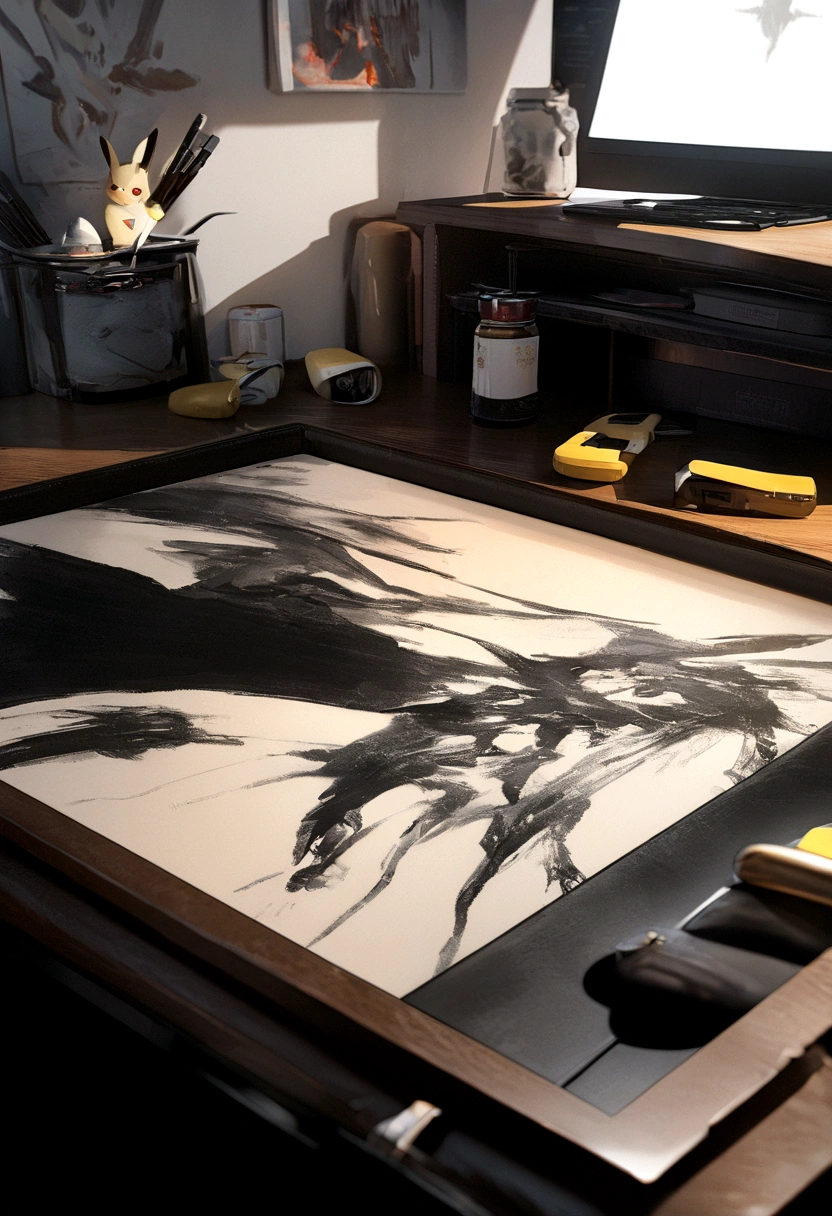 Soft leather very detailed, Sharp focus, masterpiece, Perfect composition, until, Chiaroscuro, art station, Octane Rendering, 8K, Ultra HD, Pikachu,Black and White,Ink Painting