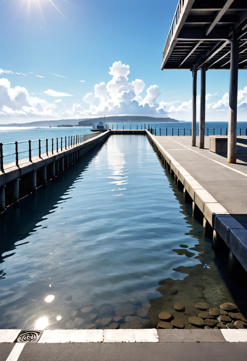port, (masterpiece:1.2), (best quality:1.2), (very aesthetic:1.2), (absurdres:1.2), (detailed background), photograph, Quay, Pier, background, calm, Calm Day, noon, sunny, White cloud, Ripples, Ocean, asphalt, concrete