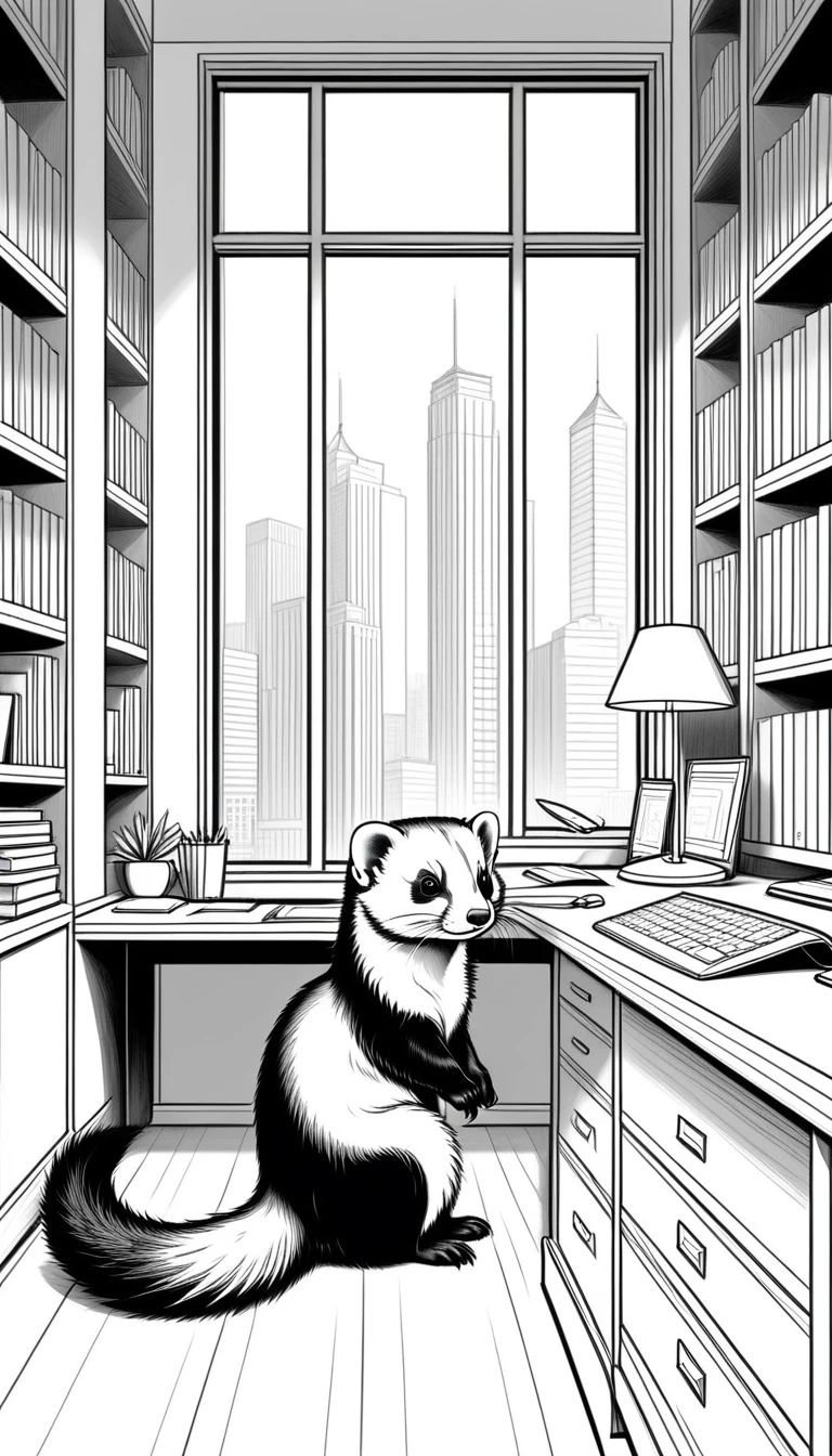 linear black and white drawing of a friendly ferret works quietly in his beautiful office. Wide view, simple lines, thin and defined outlines, no shading, no colors, perfect to be colored, cartoon style, clean lines, suitable for children.