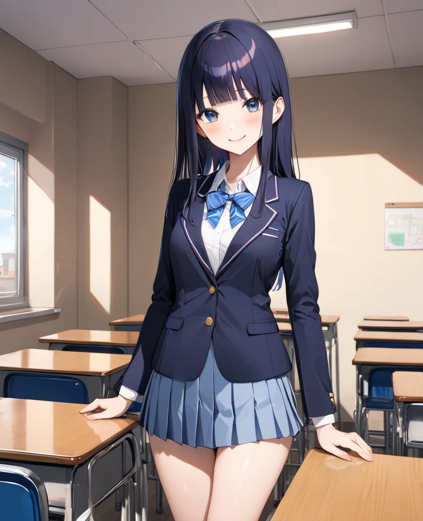 (((masterpiece, highest quality:1.3,absurdres))),20 year old beauty,solo,((very small head)),long hair,bangs,dark blue hair,dark blue eyes,blush,smile,medium breasts,((very long body)),((toned body:1.2,slender body)),skinny,gleaming skin,shiny skin,((School uniform、Blazer jacket、Pleated mini skirt)),classroom、School building、