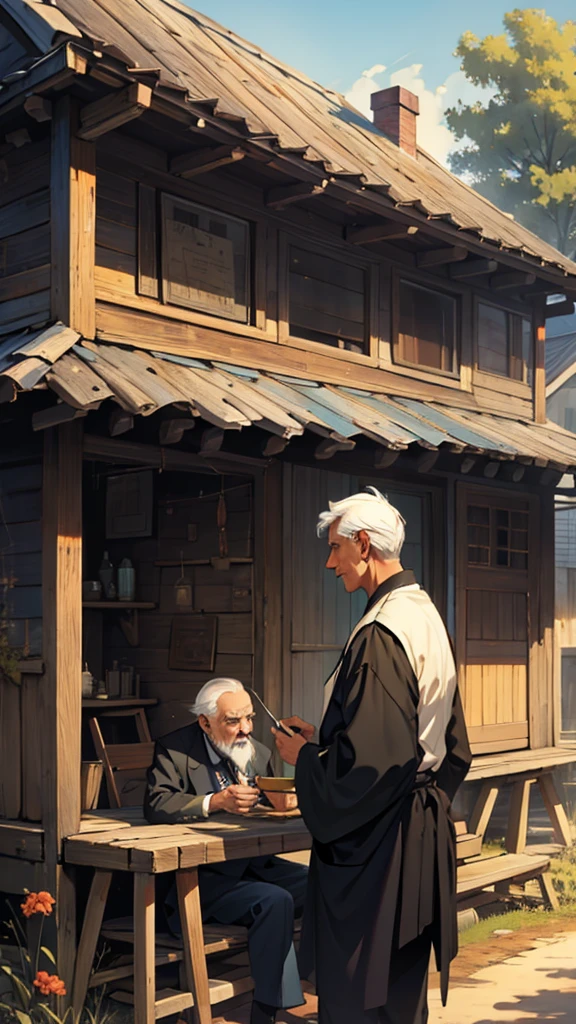 A young man serving an old man and an old house behind him
