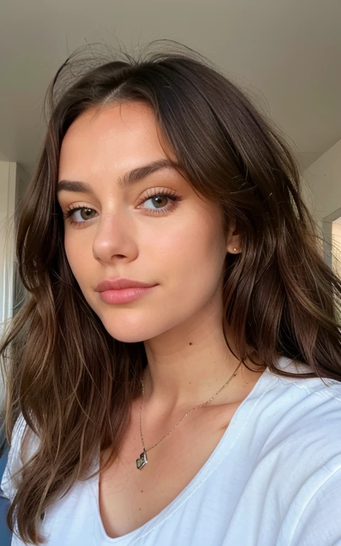 Belle brune portant un pull blanc, moderne au coucher du soleil), very detailed, 21 ans, visage innocent, natural wavy hair, yeux bleus, high resolution, a des bijoux, grain de beauté sur la joue droite, Chef-d'ouvrages d'art, Best quality, Intricate details, very detailed, mise au point nette, detailed skin, texture de peau réaliste, texture, detailed eyes, professionnel, 4k, sourire charmant, filmed in Canon, 85 millimeters, faible profondeur de champ, Couleur Kodak Vision, Corps parfaitement ajusté, Extremely detailed, photographier_\(ultra\), photorealistic, Realistic, Post-traitement, Maximum details, roughness, vrai vie, ultra realistic, photorealism, photographie, 8k euh, photographie