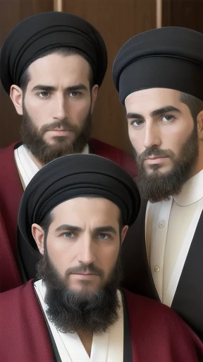 a group of Biblical Haredim man short hair gathered together, focus on the face.