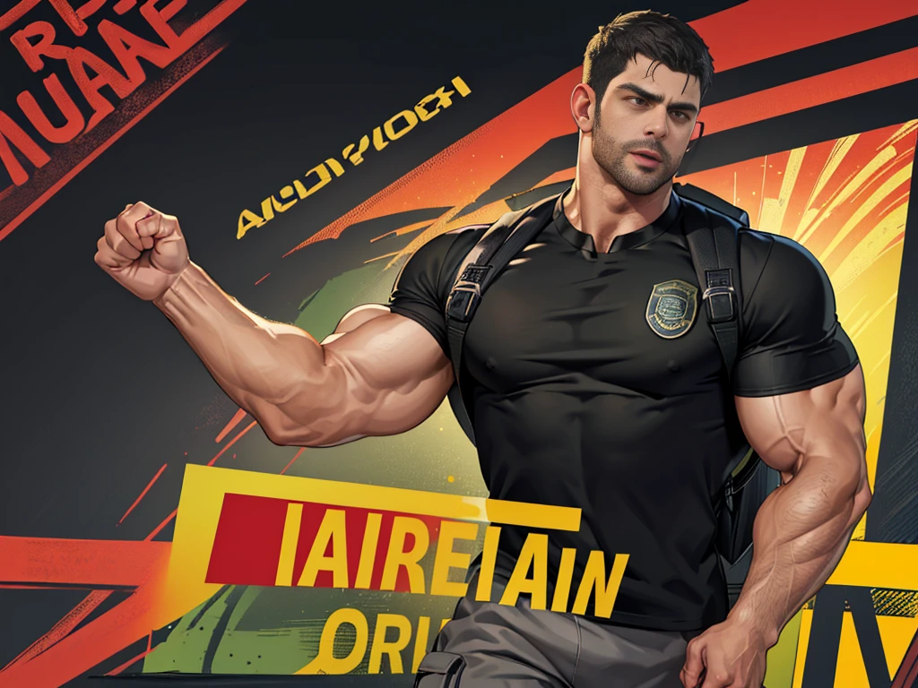 (Create a masterpiece: 1.2),(CGI art:1.3),(realistic:1.5),(After processing:1.3),(Sharp focus:1.3),1 man ,sunglass, straight, front ,Chris Redfield ,(black hair), smile open mouth, (Wear color olive green round neck T-shirt with a Police badge: 1.2), olive green cargo, Korean guy , korean men, (High gloss details), chest muscles, large arm muscles, blood vessel, Big muscles, Broad shoulders, looking at the audience, Balancing the eyes, middle of the road , (Carrying a black backpack: 1.3),(Run and fight:1.6)