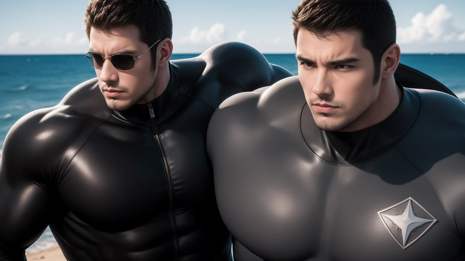 Super muscular man hugging,  They wear sunglasses，Deep gaze kiss，They embrace affectionately，short hair，Beach under the scorching sun, Wear a light grey high collar, long sleeves and tight fitting wetsuit, Shark skin texture，Beach by the sea，beautiful landscape，The expression is arrogant, Thick thighs, messy hair, Thick thighs, Wear a light grey high collar, long sleeves and tight fitting wetsuit, Shark skin texture，very tight, Regular symmetrical pattern, Highlight muscles, character concept（Resident Evil - chris redfield, chris redfield）A proud expression, Deep and charming eyes, Valiant male pose, tall Burly, muscular！muscular thighs, Tough Guy, Perfect facial features, High, Burly, Heqiang, Super exquisite and cool, High Resolution Committee, Attractive, The sun is blazing, Dazzling