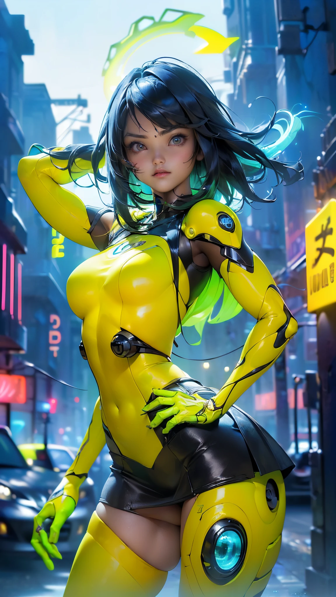 the highest quality))、((Obra maestra)、ciberpunk、big glutes、arrodillarse、Electronic visor attached to the face of a with emphasis on the buttocks、Red latex body.,modo ciberpunk、pose sexy、(Usar polainas amarillas en la parte inferior del cuerpo、Agrandamiento de los senos、Neon lights in the dark city at night.,Motor irreal:1.4,hd,La Mejor calidad:1.4, fotorrealista:1.4, textura de la piel:1.4, Obra maestra:1.8,Obra maestra, Mejor calidad,(Hermosos ojos azules ),( neon yellow cyborg),(perfect anatomy),convexo ,(Dedos detallados),white cyborg latex bodysuit, (ciberpunk 2.1) ,cabello largo azul:1.4), (miniskirt ciborg verde colegiala:1.4)