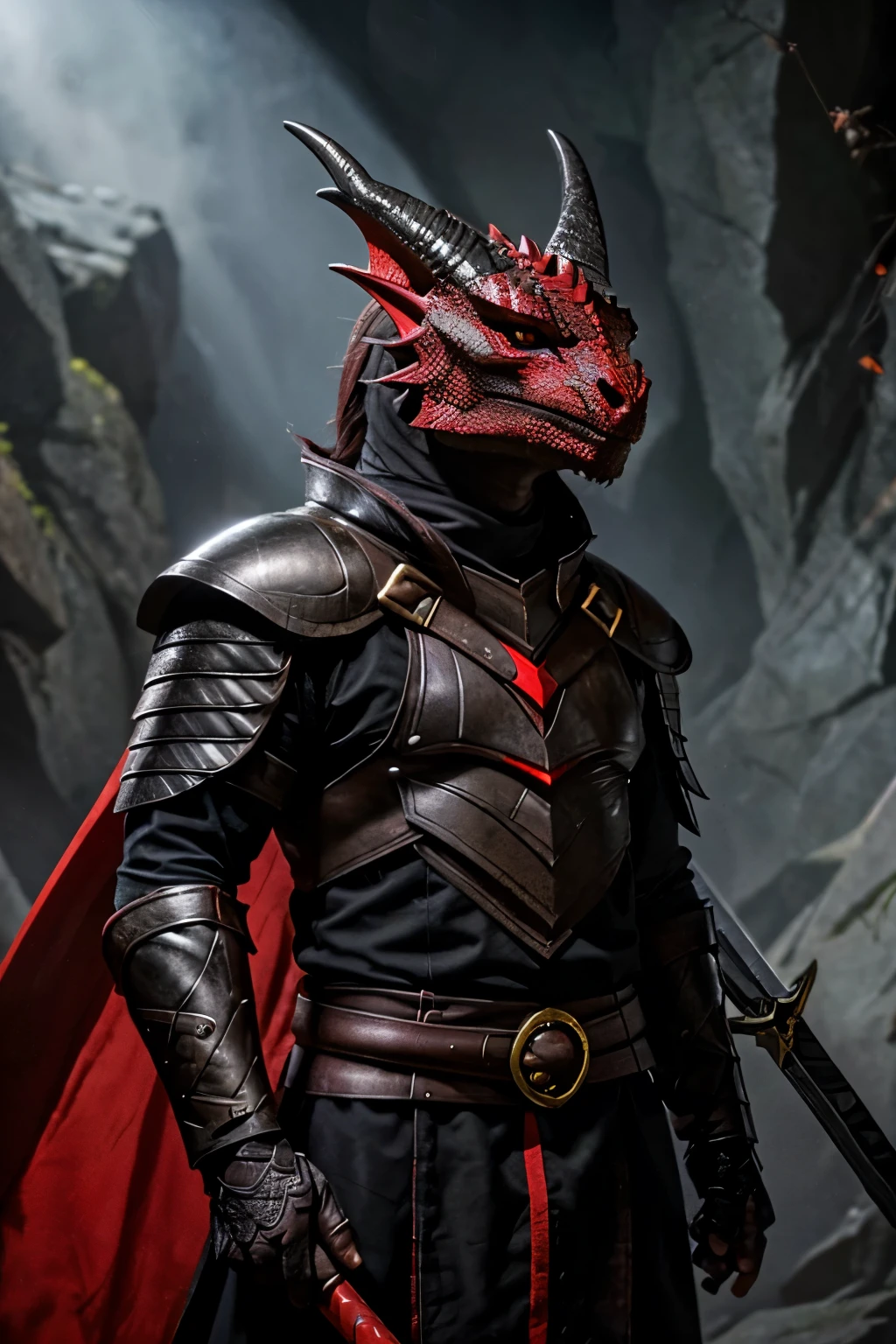 A male Dragonborn with black sclaes and red eyes, wearing medium black armor and longsword