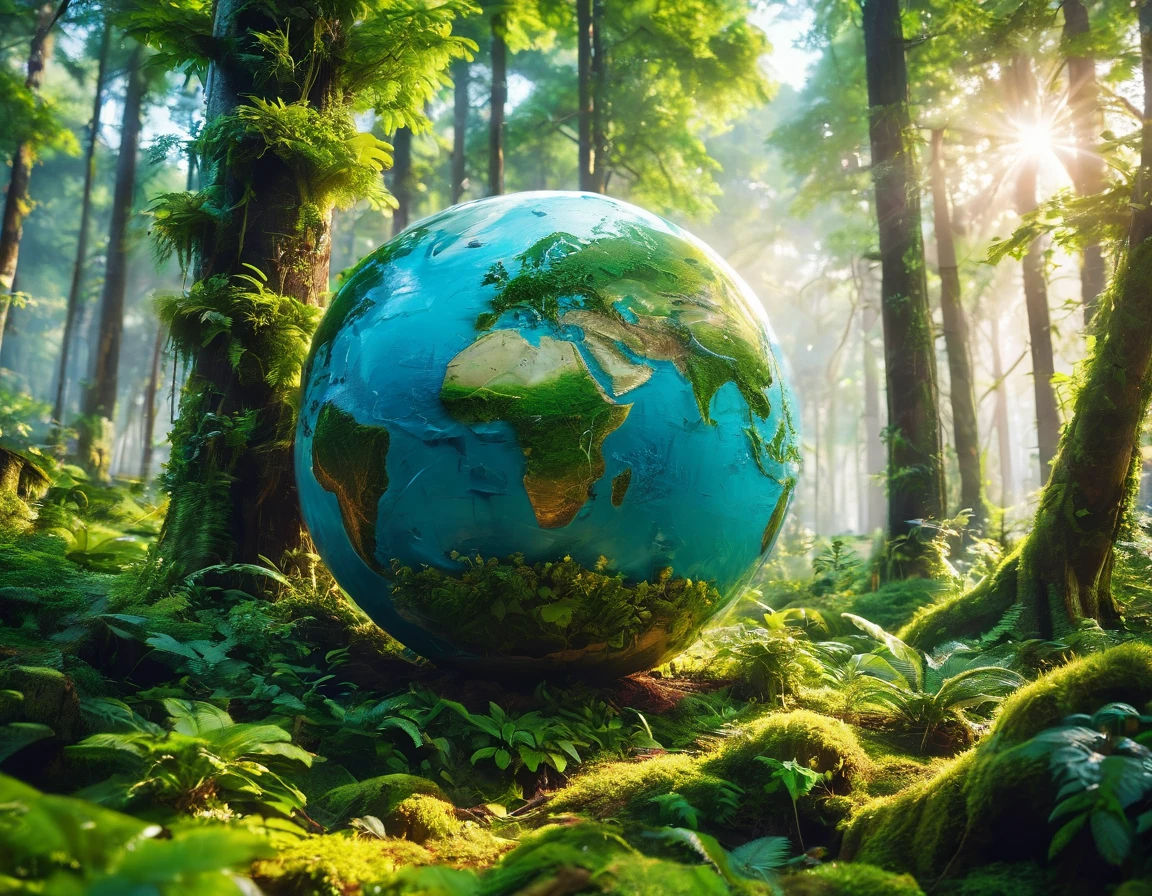 Produce a 4K image of a globe where all the continents are covered in dense, vibrant forests. The planet appears lush and balanced, with an emphasis on greenery and environmental harmony. The image should be highly detailed, in sharp focus, and of very high quality with no blur