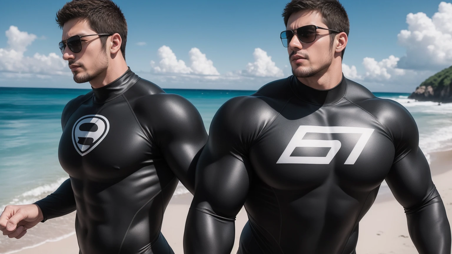 Handsome man with Latin mulatto skin and attractive features, tanned skin tone, dark blue eyes with friendly expression,big muscles, medium long men's haircut, black brown hairstyle, small beard, wearing black leather tight shiny tank top and leather pants, beautiful tattoos all over the body. Only.big biceps