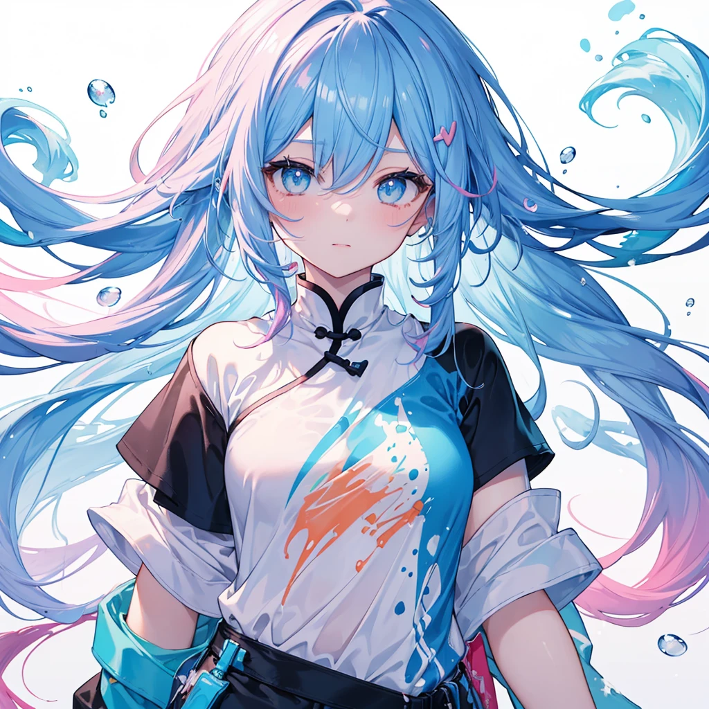 (Masterpiece, best quality, high resolution), white background, acrylic paint, ((Color splash, splash of ink, color splash)), sweet Chinese girl, long light blue hair, [light blue|Pink Hair, Curly Hair , Glitter, Peach Lips, White Shirt, Front, Upper Body