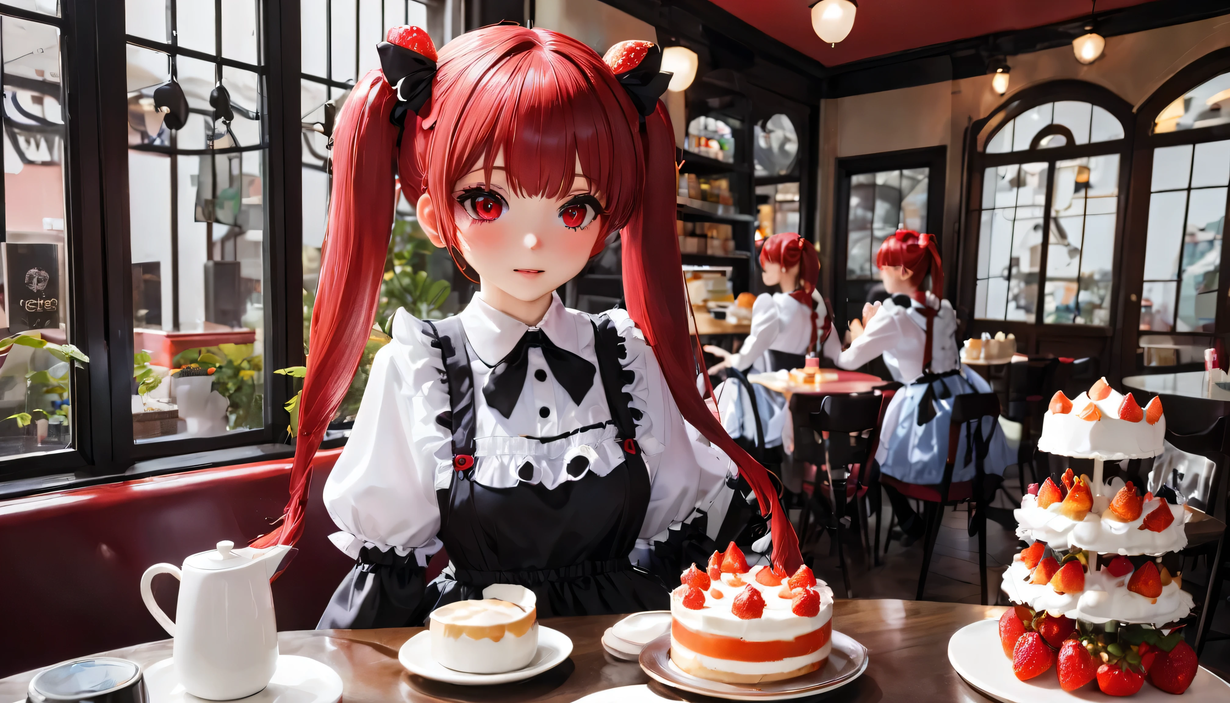 Promotional Photos, The location is a coffee shop, 1 girl, The face of a 16 year old, The waitress is bringing the cake to the table, Red hair twin tails, Kind Face, A strawberry-inspired half-gothic lolita and half-maid costume, Dress in white,
