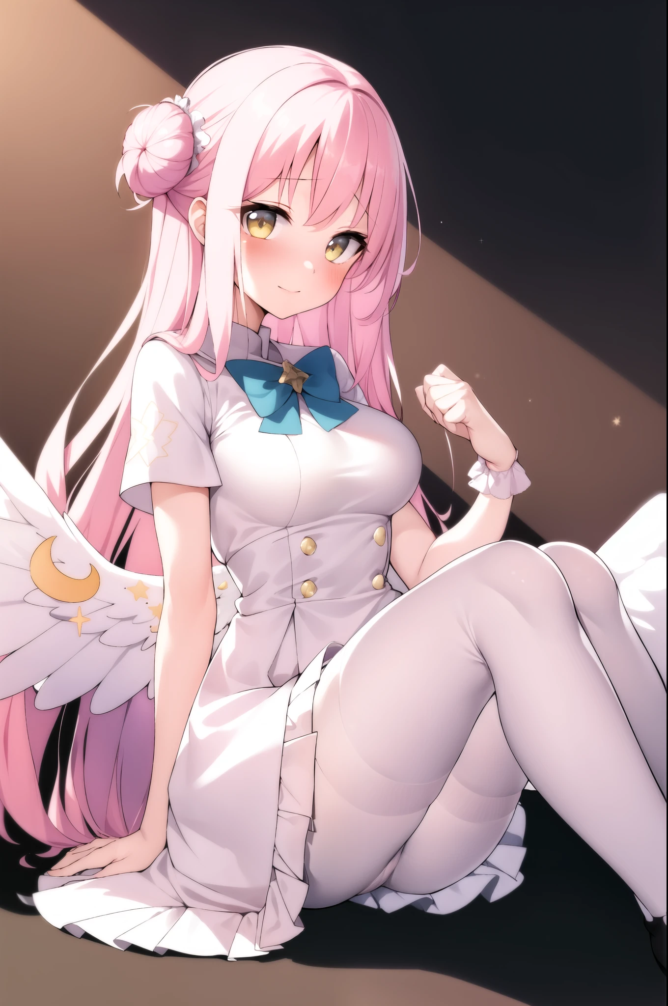 Beautiful girl, angel, pink hair, yellow eyes, angel, Mika, blushing, knee-high socks, the moment you fall in love, smitten, charmed, stunned, starry sky