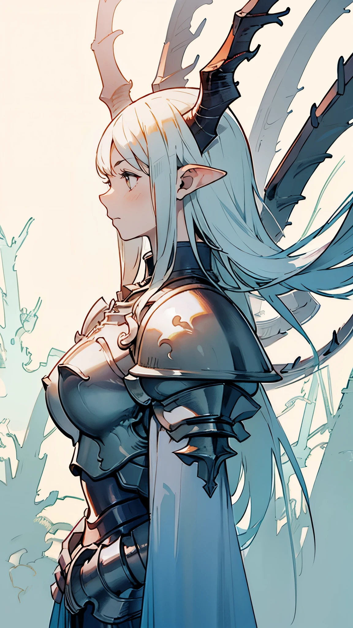 Dragon horns on head、Girl、armor、profile、Upper Body、forest、