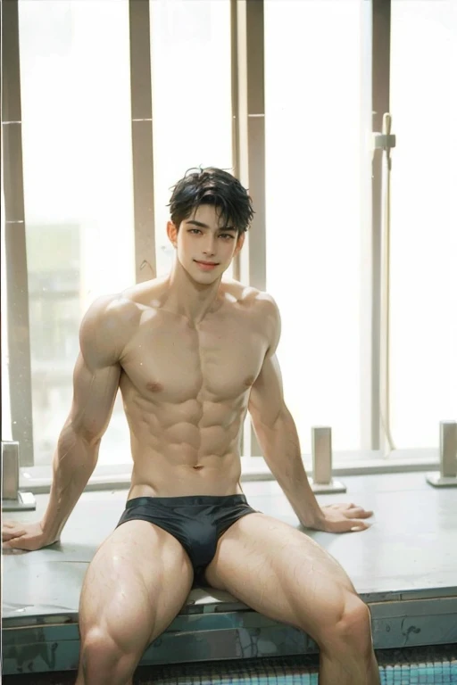 1boy, male_focus, solo, black_hair, sitting, navel, nipples, realistic, abs, looking_at_viewer, short_hair, pectorals, muscular, briefs, smile, closed_mouth, male_underwear, muscular_male, indoors, swim_briefs, male_swimwear, underwear, arm_support