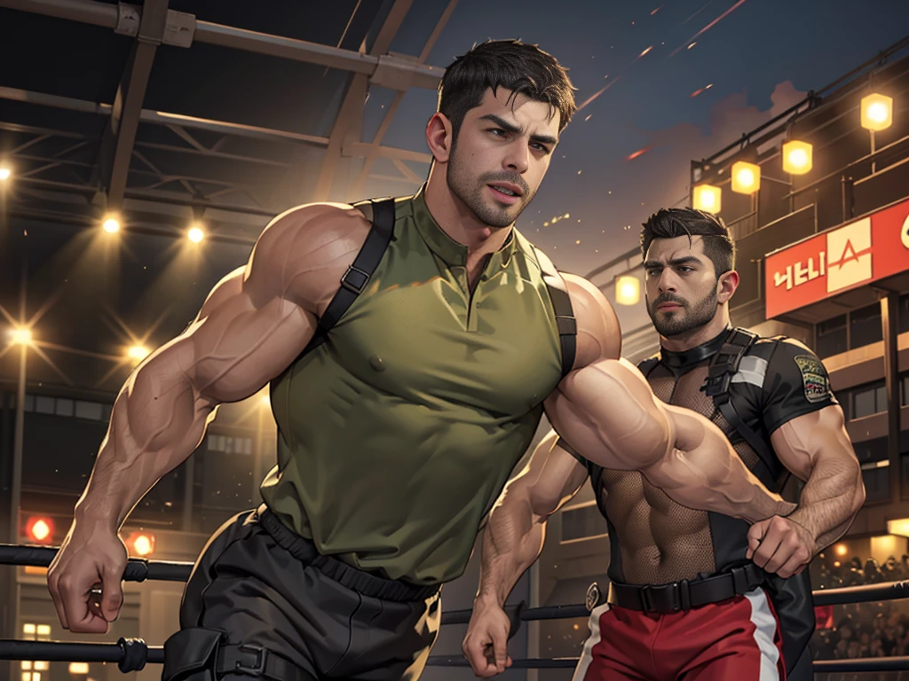 (Create a masterpiece: 1.2),(CGI art:1.3),(realistic:1.5),(After processing:1.3),(Sharp focus:1.3),1 man ,sunglass, straight, front ,Chris Redfield ,(black hair), smile open mouth, (Wear color olive green shirt with a Police badge: 1.2), olive green cargo, Korean guy , korean men, (High gloss details), chest muscles, large arm muscles, blood vessel, Big muscles, Broad shoulders, looking at the audience, Balancing the eyes, middle of the road,(Run and fight:1.6)