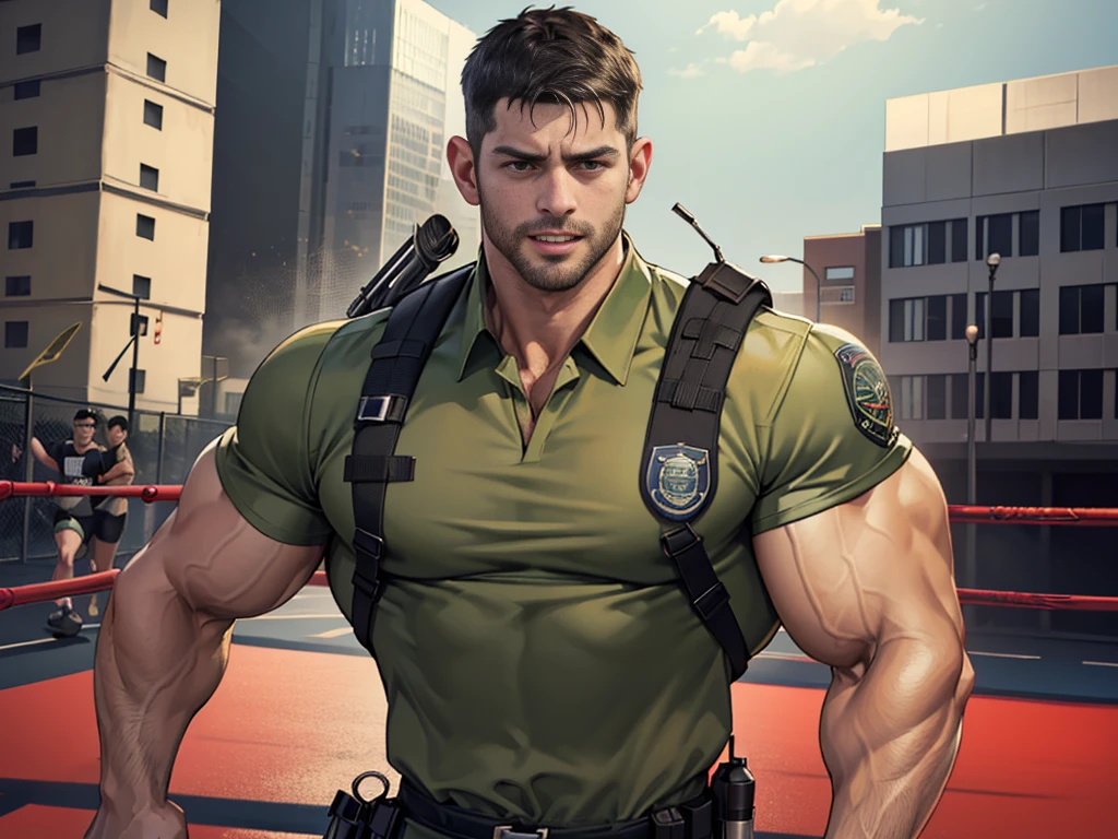 (Create a masterpiece: 1.2),(CGI art:1.3),(realistic:1.5),(After processing:1.3),(Sharp focus:1.3),1 man ,sunglass, straight, front ,Chris Redfield ,(black hair), smile open mouth, (Wear color olive green shirt with a Police badge: 1.2), olive green cargo, Korean guy , korean men, (High gloss details), chest muscles, large arm muscles, blood vessel, Big muscles, Broad shoulders, looking at the audience, Balancing the eyes, middle of the road,(Run and fight:1.6)