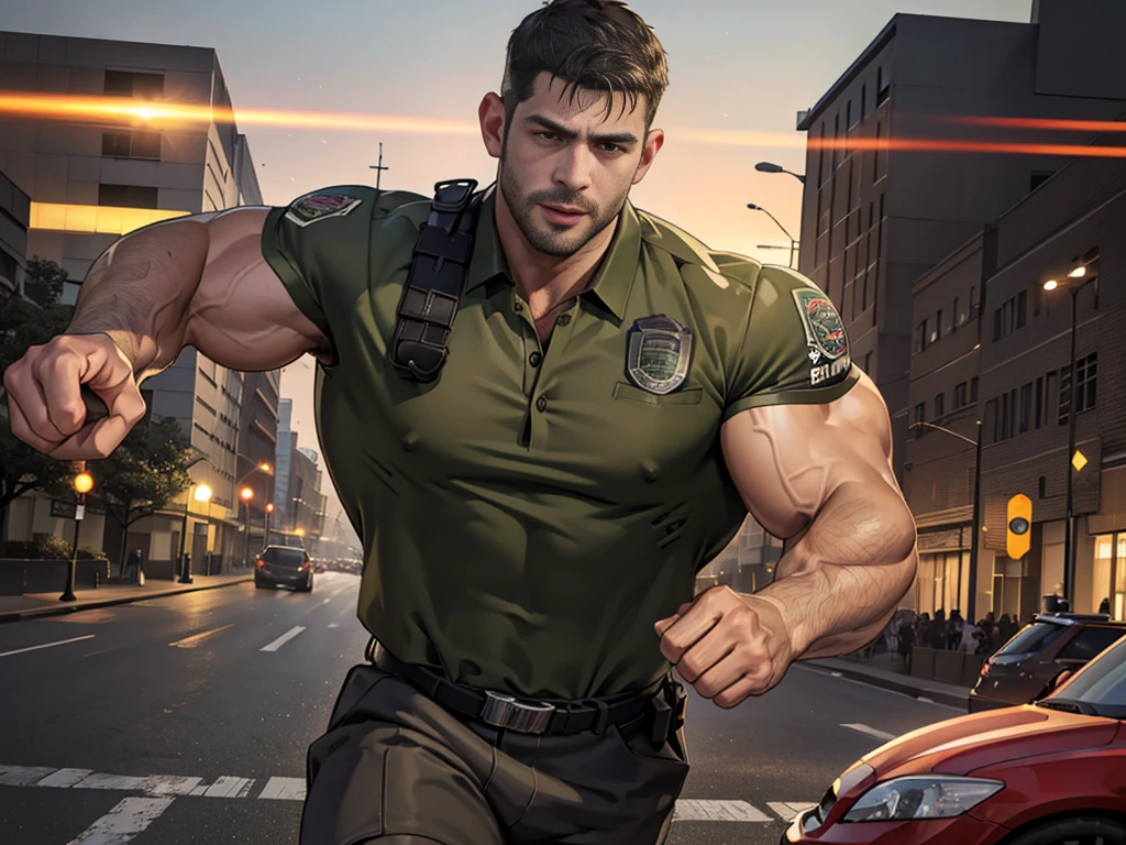 (Create a masterpiece: 1.2),(CGI art:1.3),(realistic:1.5),(After processing:1.3),(Sharp focus:1.3),1 man ,sunglass, straight, front ,Chris Redfield ,(black hair), smile open mouth, (Wear color olive green shirt with a Police badge: 1.2), olive green cargo, Korean guy , korean men, (High gloss details), chest muscles, large arm muscles, blood vessel, Big muscles, Broad shoulders, looking at the audience, Balancing the eyes, middle of the road,(Run and fight:1.6)