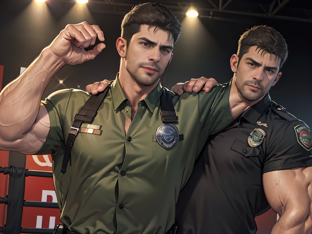 (Create a masterpiece: 1.2),(CGI art:1.3),(realistic:1.5),(After processing:1.3),(Sharp focus:1.3),1 man ,sunglass, straight, front ,Chris Redfield ,(black hair), smile open mouth, (Wear color olive green polo with a Police badge: 1.2), olive green cargo, Korean guy , korean men, (High gloss details), chest muscles, large arm muscles, blood vessel, Big muscles, Broad shoulders, looking at the audience, Balancing the eyes, middle of the road ,walk to camera,(Run and fight:1.6)