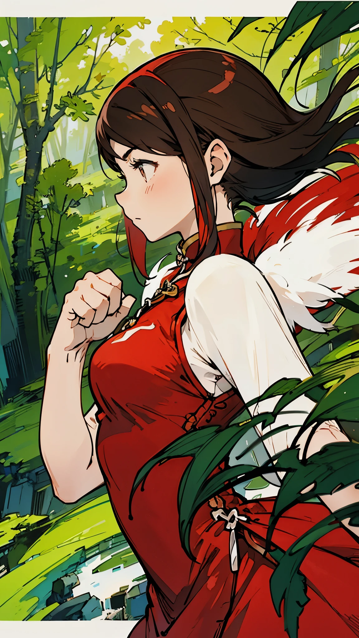Red Chinese Dress、Pump your fist、Girl、Upper Body、profile、forest、