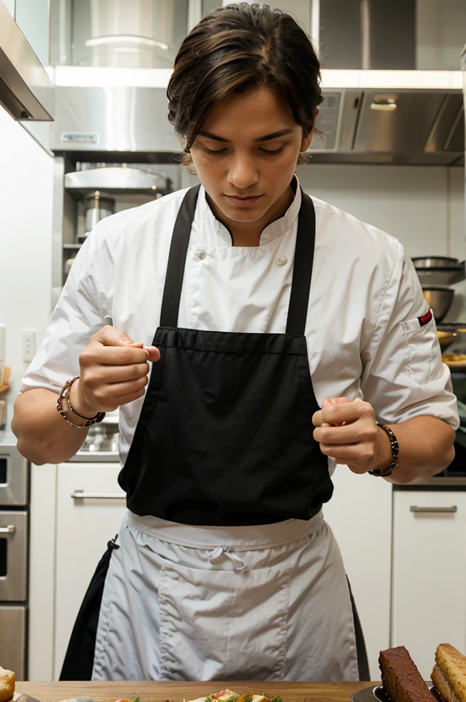 the chef is holding a circle bracelet